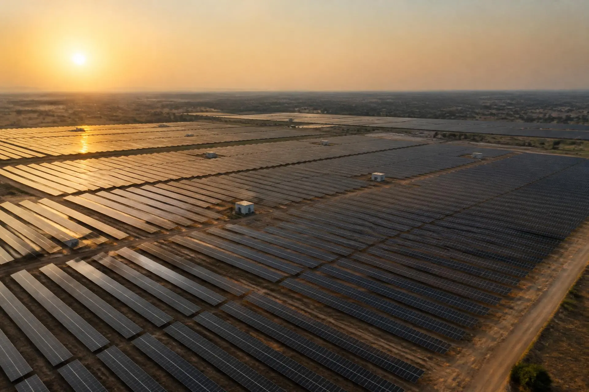 Aerial view of a utility-scale solar farm at golden hour