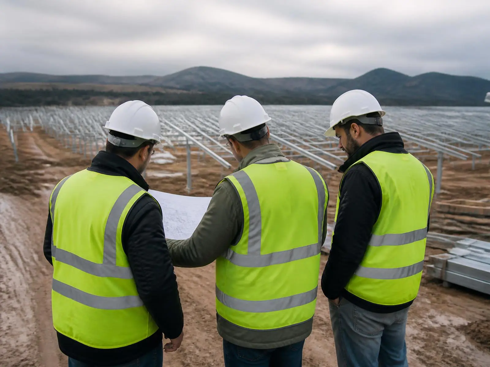 Engineers reviewing drawings at a solar construction site