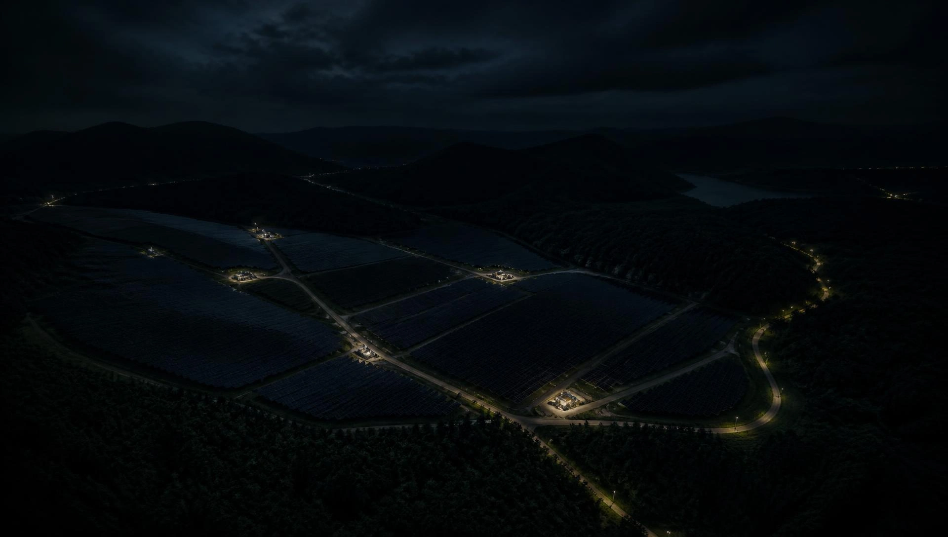 Solar plant at night with illuminated service roads